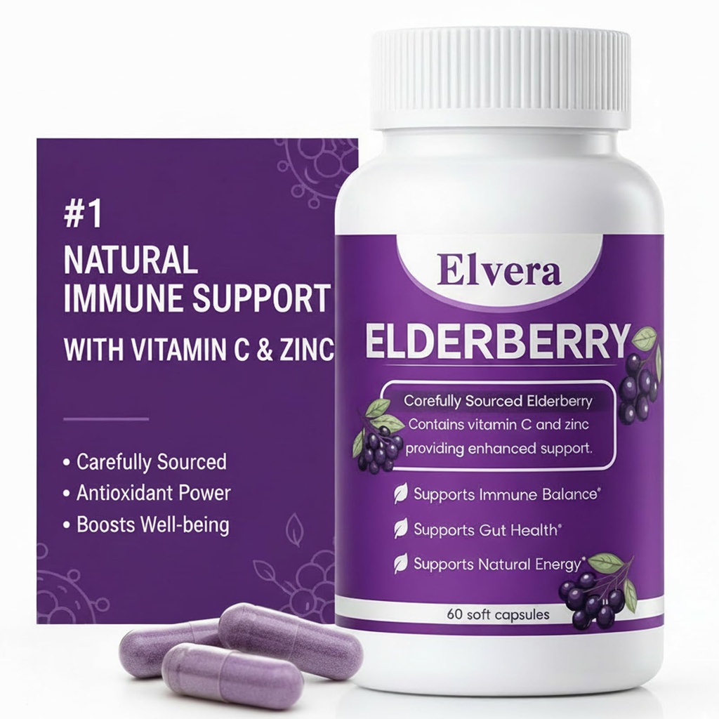 ELVERA Elderberry Gut Support | 1200mg Elderberry Extract, Vitamin C, Zinc | Daily Immune & Gut Support | Vegan, Non-GMO | 60 Capsules