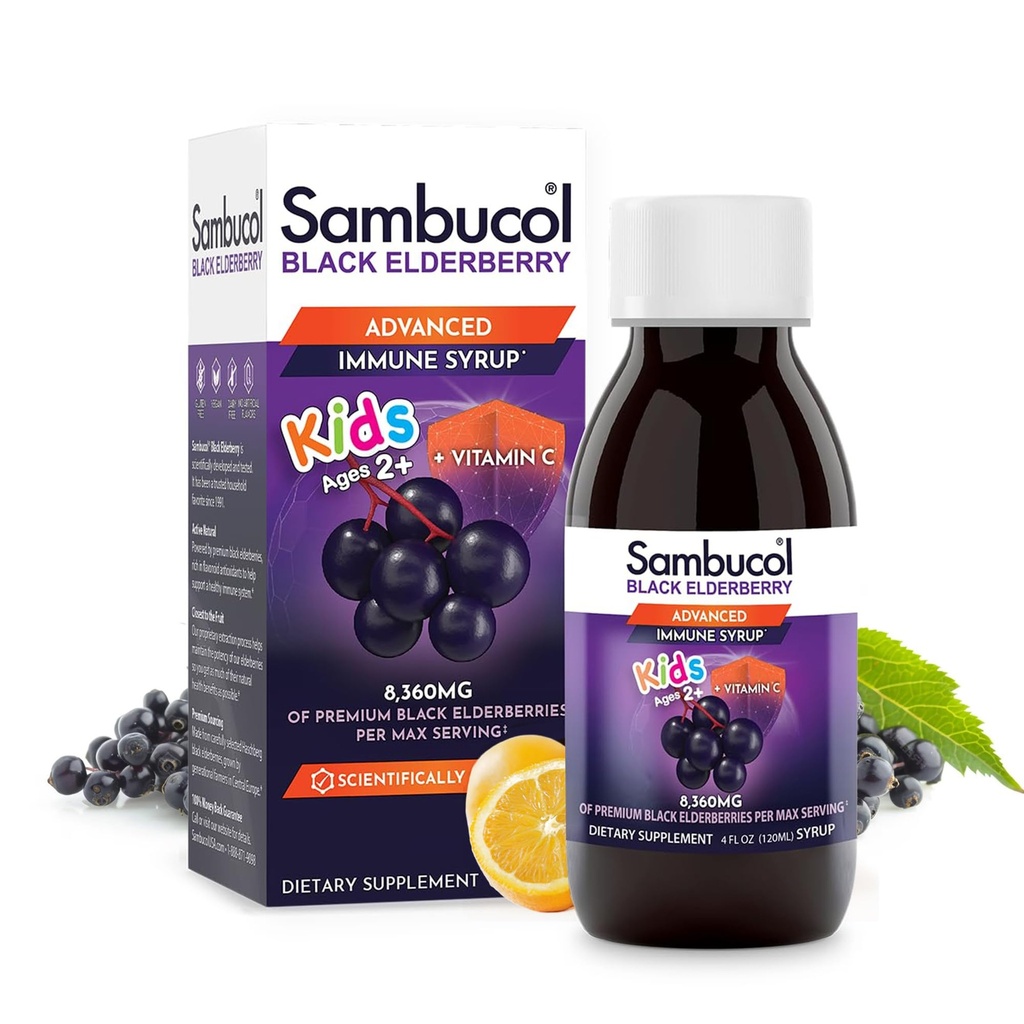 Sambucol Black Elderberry Syrup for Kids - Elderberry Liquid with Vitamin C for Kids No Artificial Flavors, High Antioxidants, Daily Wellness Support, Berry Flavored - 4 Fl Oz