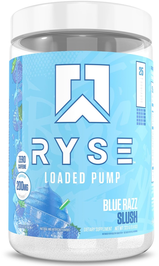 Ryse Loaded Pump Pre Workout Powder - Blue Razz Slush - No Caffeine Stimulant Free Formula for Pump, Power & Endurance - L-Citrulline, PeptiPump, Betaine Anhydrous, Taurine & AstraGin - 25 Servings