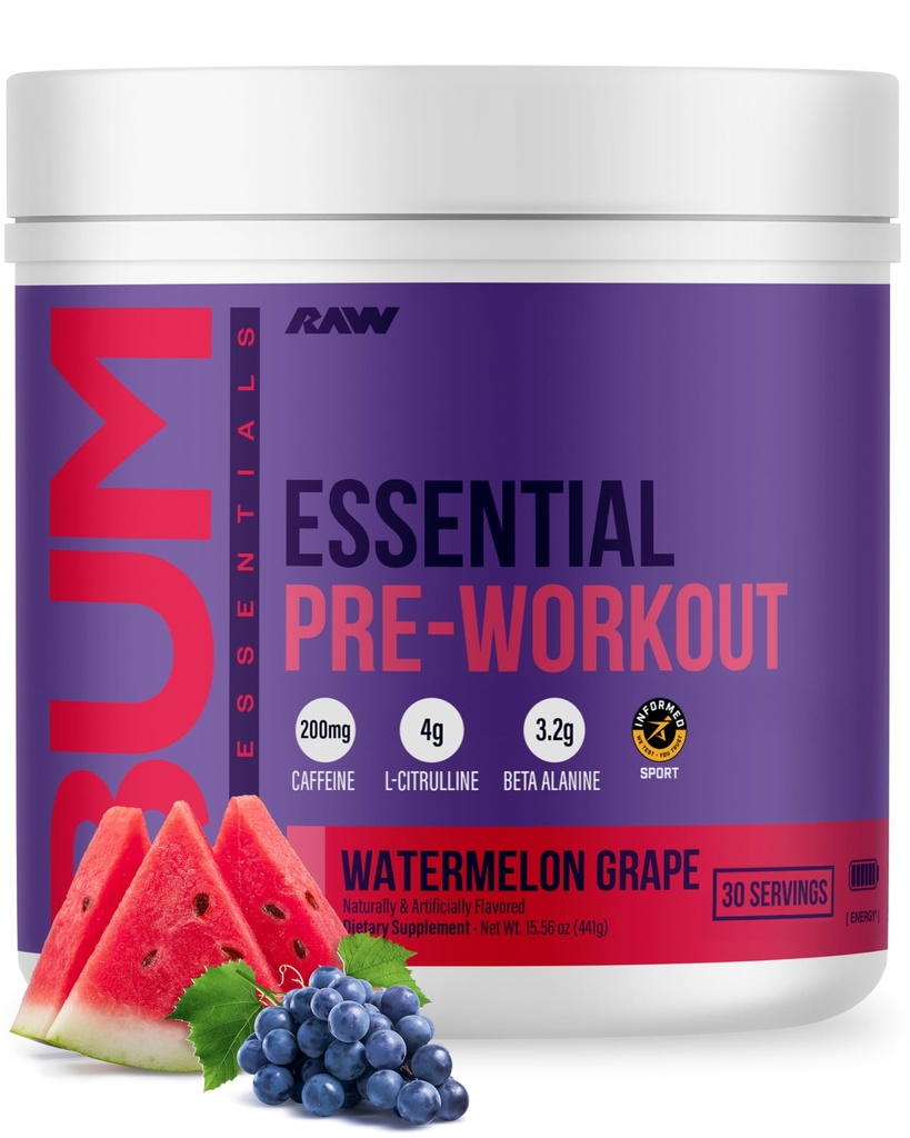 RAW Essential Pre-Workout Powder (Watermelon Grape) - Chris Bumstead Sports Nutrition Supplement for Men & Women - Preworkout Energy Powder with Caffeine, L-Citrulline, L-Tyrosine & Beta Alanine Blend