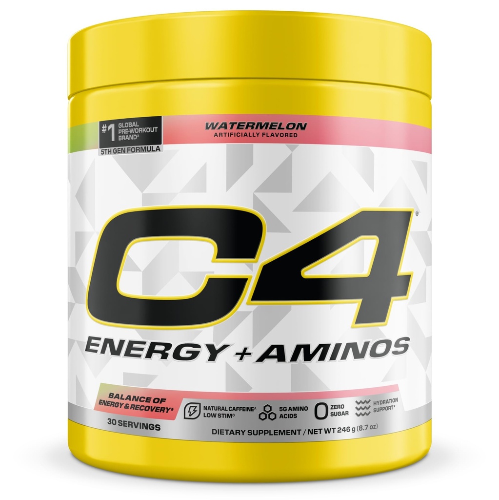 Cellucor C4 Energy + Aminos Powder, 5g BCAAs & EAAs for Muscle Recovery, 3 Electrolytes for Hydration, 100mg Natural Caffeine, Pre Workout, Zero Sugar, 30 Servings, Watermelon