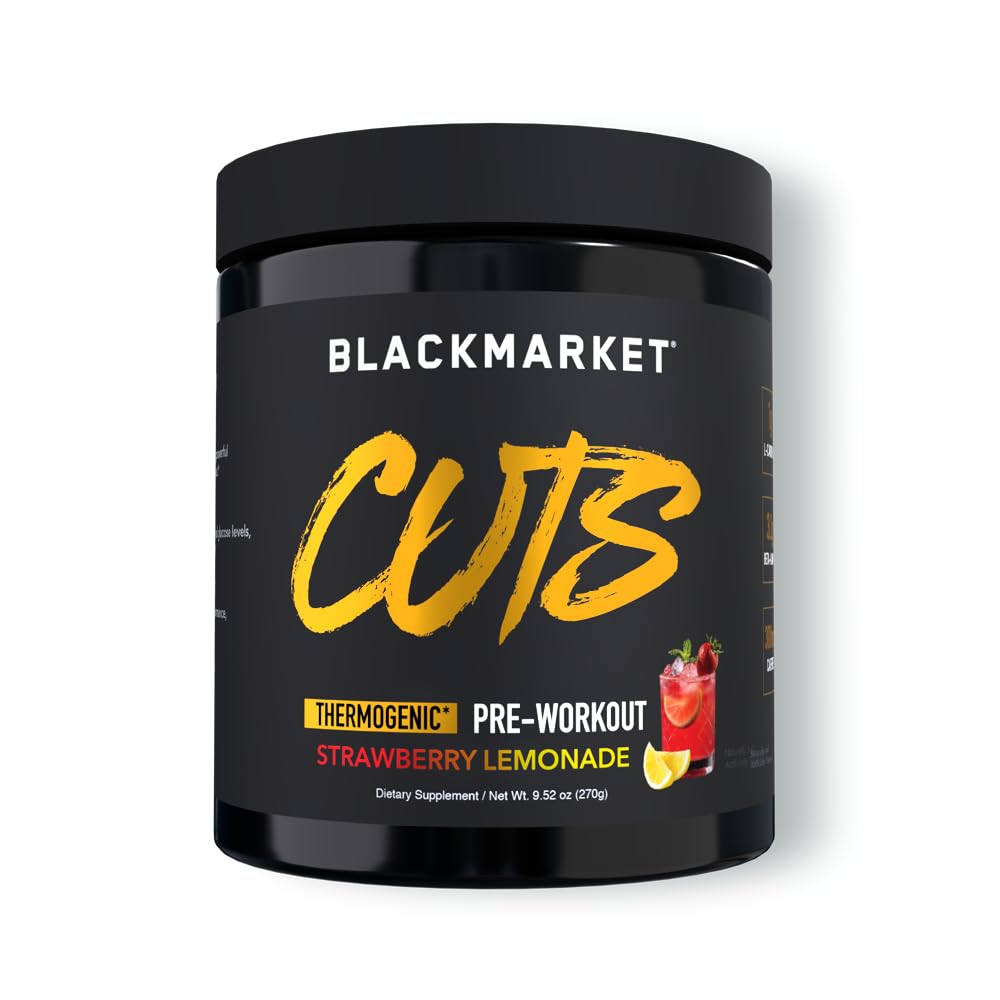 BLACKMARKET CUTS Pre Workout - Flavored Energy Powdered Drink Mix for Men & Women, Great for Muscle Definition, Thermogenic, Creatine Free, (Strawberry Lemonade, 30 Servings)