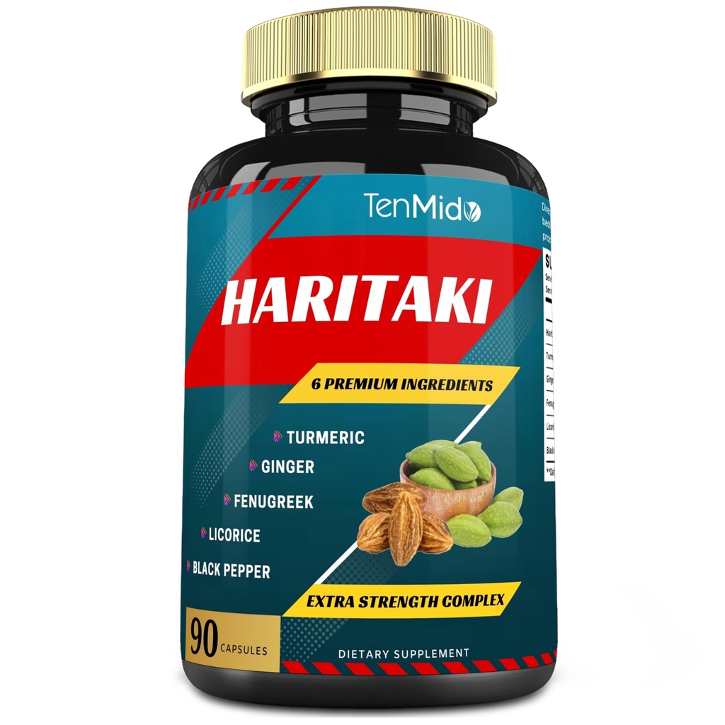 Haritaki Supplements Extract Capsules with Turmeric, Ginger, Fenugreek, Licorice, Black Pepper | Nourishes, Rejuvenates Body, 3 Months Supply