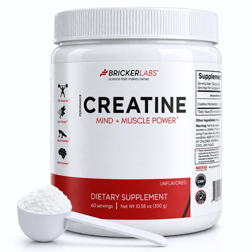 Bricker Labs Creatine Monohydrate Powder – 5g Pure Ultra-Fine Creatine per Serving – Muscle Growth, Strength, Endurance & Focus – Unflavored – 60 Servings – Workout & Cognitive Support for Men & Women
