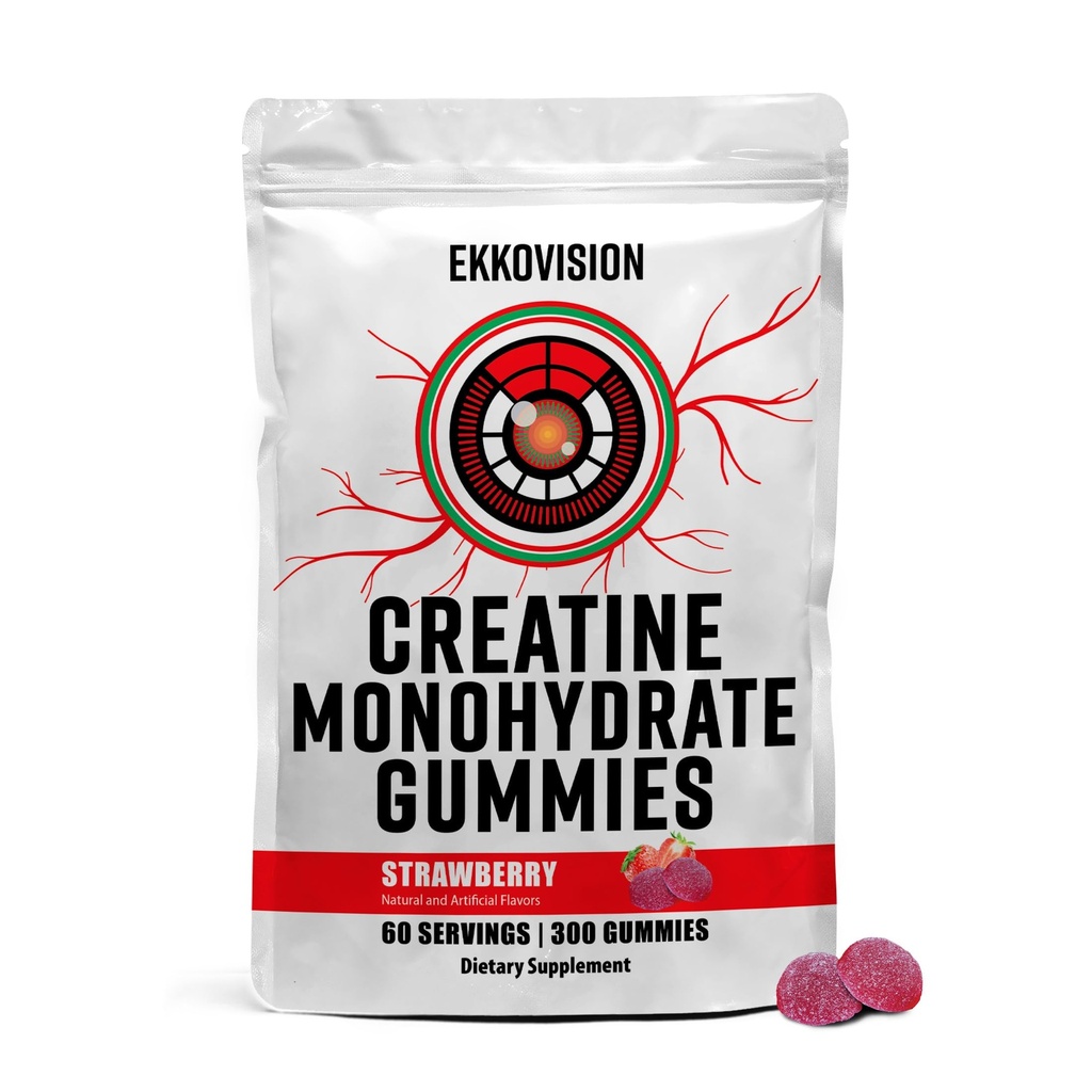 Ekkovision Creatine Monohydrate Gummies for Men and Women, Orange Citrus Flavor, Sugar Free Creatine Gummies for Pre Workout, Muscle Strength and Recovery, Vegan & Travel Friendly, 300 Ct, 60 Servings