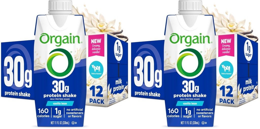 Orgain 30g High Protein Shake, Dairy Isolate Milk Protein, Vanilla Bean, 5g BCAAs, 1g Sugar per Serving, Meal Replacement, Ready to Drink, Keto Friendly, Gluten-Free, 11 Fl Oz, (Pack of 24)