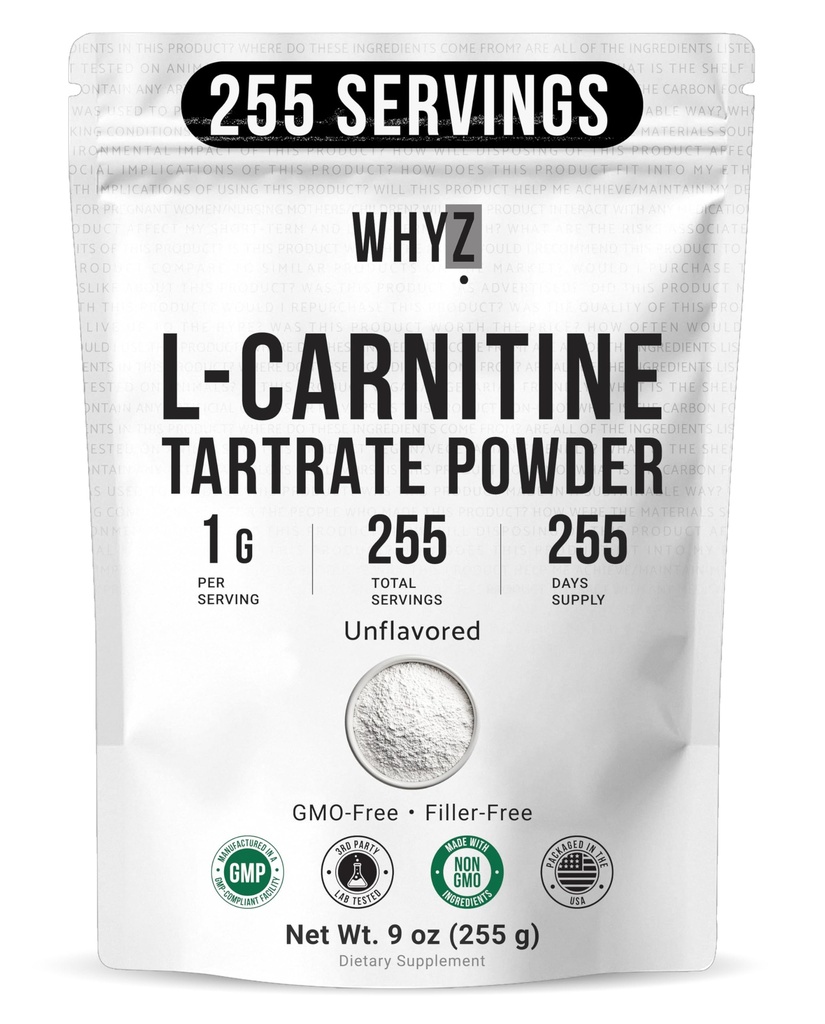 L-Carnitine Tartrate Powder Pure Unflavored Carnitine Supplement Amino Acid Powder L-Carnitine Tartrate Bulk Supply, 255g (9 oz)