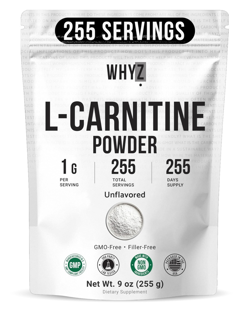 L-Carnitine Powder Unflavored Carnitine Supplement Amino Acid Powder for Nutrition and Active Lifestyle Non-GMO, Zero-Additives & Gluten Free, 255g (9 oz)