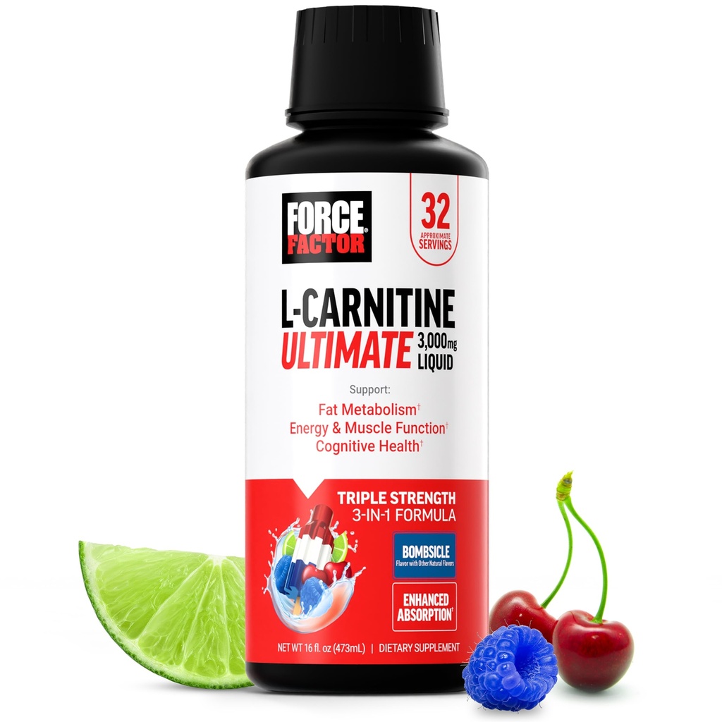 Force Factor L-Carnitine 3000 Ultimate, Liquid L-Carnitine Supplement, Triple Strength Formula to Support Metabolism, Energy, Muscle Function & Cognitive Health, Bombsicle, 32 Servings, 16 fl. oz.