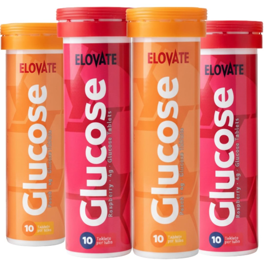 ELOVATE Fast Acting Glucose Tablets, Peach & Raspberry Variety – Raise Low Blood Sugar, 15g Per Serving, Chewable, Gluten Free – 4 Tubes (40 Count, Multiflavor)
