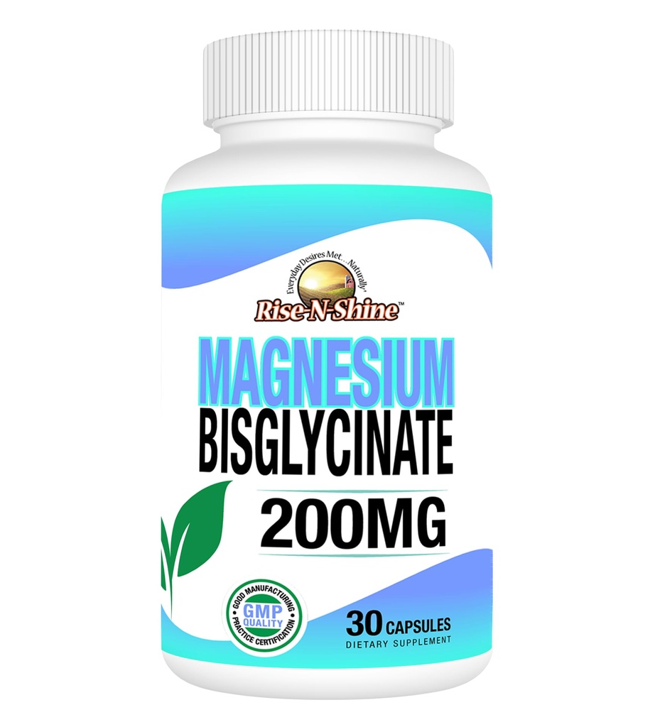 Rise-N-Shine - Μαγνήσιο Διγλυκινικό 200 mg - Κοινή & Μυϊκή Υποστήριξη - Συμπλήρωμα για την υποστήριξη της ενέργειας, της πέψης και των οστών - Μαγνήσιο για την υποστήριξη του ύπνου και την ανάπαυση (30 κάψουλες)