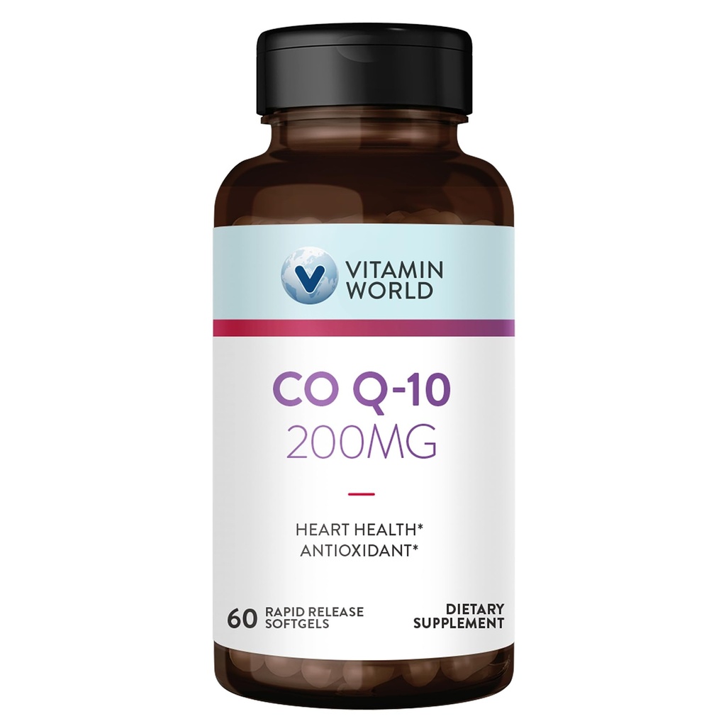 Vitamin World CoQ10 200 mg Softgels, Συμπληρώματα συνένζυμου Q10 για Αντιοξειδωτική Υποστήριξη, Καρδιά Υγεία & Ενέργεια Παραγωγή, Χωρίς Γλουτένη, 60 Rapid Release Softgels