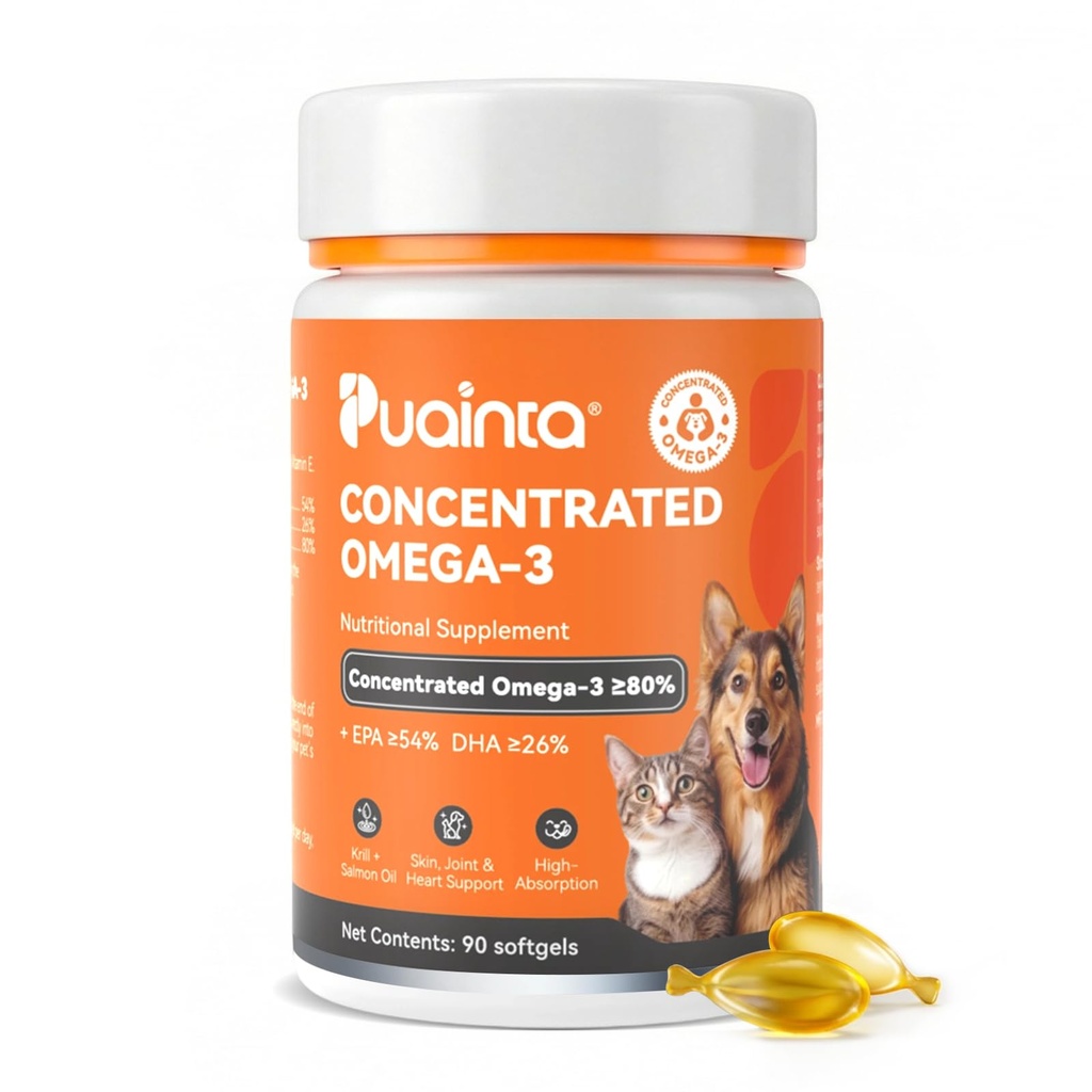 PUAINTA Omega 3 Fish Oil for Dogs & Cats, 80% EPA DHA, Skin & Coat, Itch & Shedding Support, Joint & Immune Health, Wild Icelandic Fish & Krill Oil Softgels (90 Count)