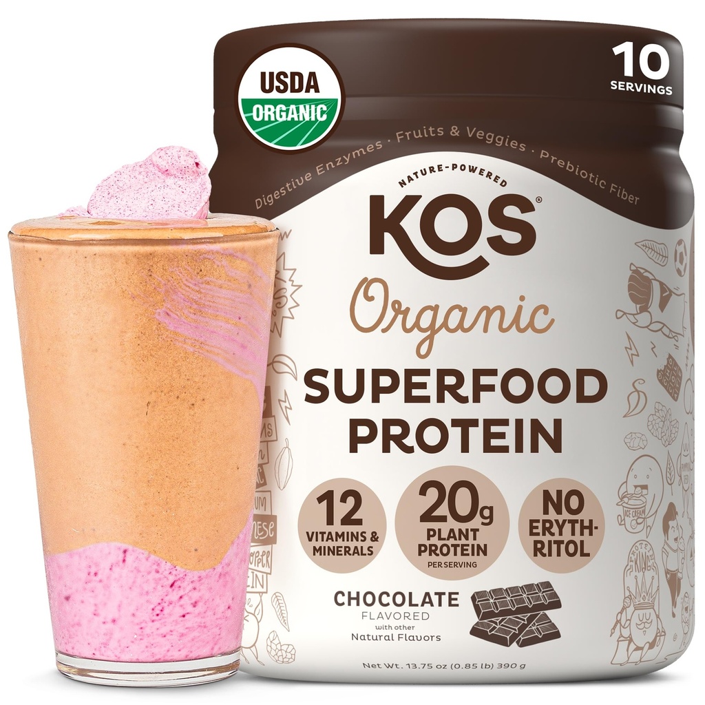 KOS Vegan Protein Powder, Chocolate USDA Organic - Μείγμα πρωτεΐνης χαμηλής περιεκτικότητας σε καρβίδια, Φυτική βάση Superfood με Βιταμίνες & Ορυκτά - Κέτο, Σόγια, Χωρίς γλουτένη - Αντικατάσταση γεύματος για γυναίκες & άνδρες - 10 Σερβιέτες