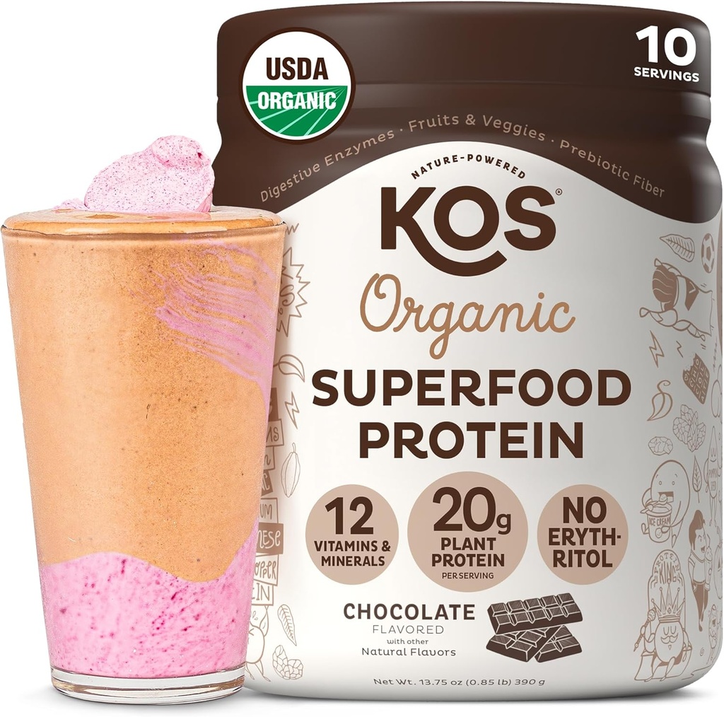 KOS Vegan Protein Powder, Chocolate USDA Organic - Μείγμα πρωτεΐνης χαμηλής περιεκτικότητας σε καρβίδια, Φυτική βάση Superfood με Βιταμίνες & Ορυκτά - Κέτο, Σόγια, Χωρίς γλουτένη - Αντικατάσταση γεύματος για γυναίκες & άνδρες - 10 Σερβιέτες