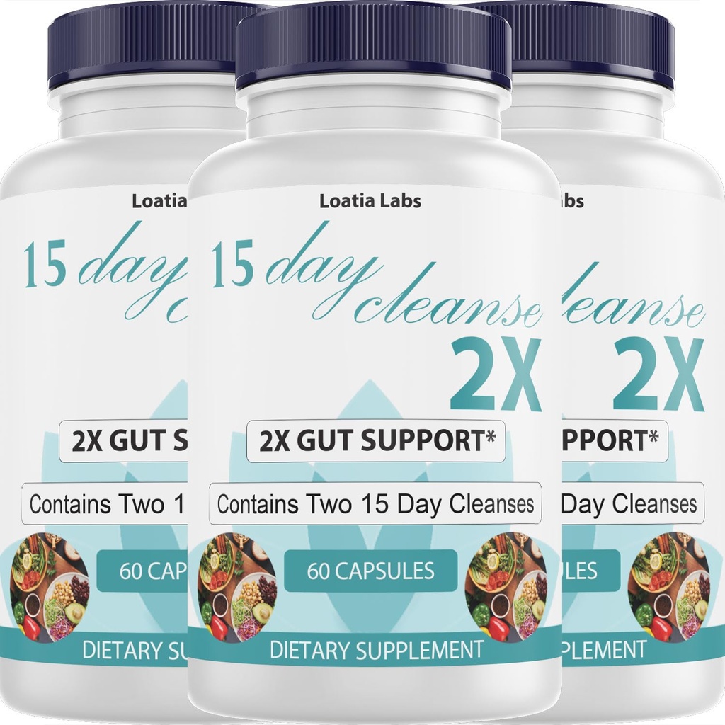 15 Day Cleanse 2X - Double Gut & Colon Support - Advanced Gut Cleanse Detox for Women & Men with Alfalfa, Cascara Sagrada, Probiotics & Psyllium Husk - Non-GMO - Made in USA - 60 Capsules (3 Bottles)