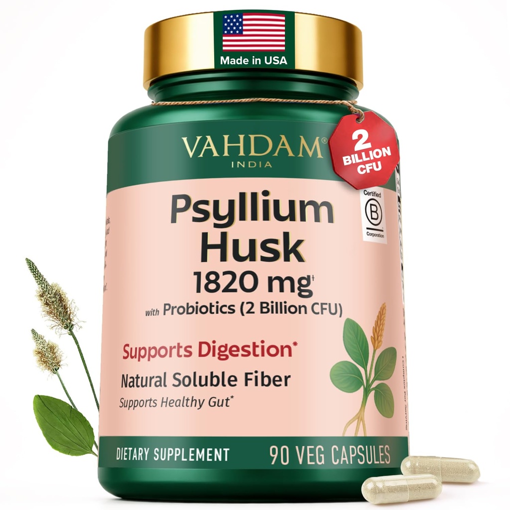 VAHDAM Psyllium Husk Capsules 1800 mg with Probiotics (2 Billion CFU) | Supports Digestion & Gut Health | 90 Veggie Capsules