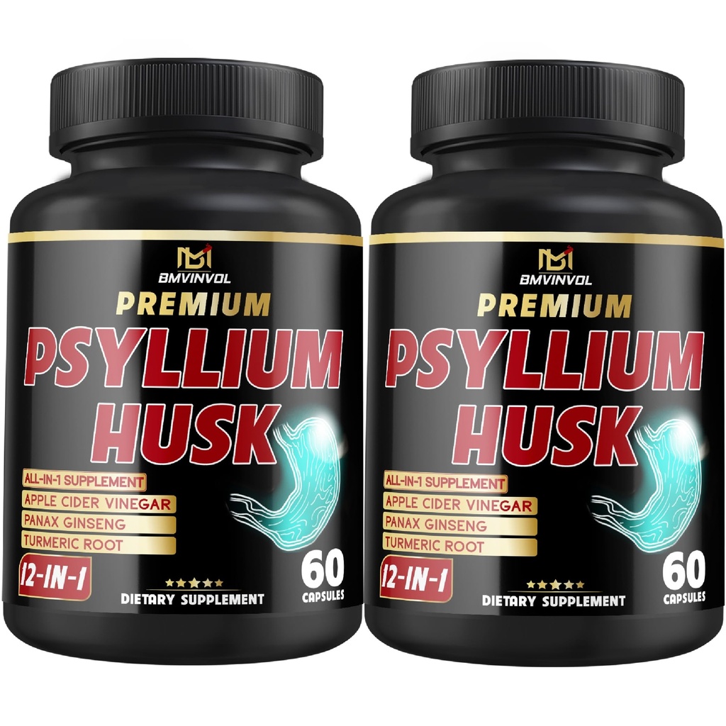 BMVINVOL (2 Packs) Premium Psyllium Husk Capsules - 4 Months Supply - Ginger, Fenugreek, Turmeric - Psyllium Fiber Capsules for Supports Digestion & Regularity