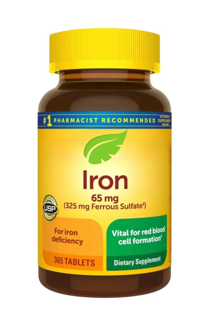 Nature Iron's Supplement 65mg Ferrous Sulfate, 365 Tablets, Gluten Free, No Synthetic Dyes, Vital for Red Blood Cell Formation