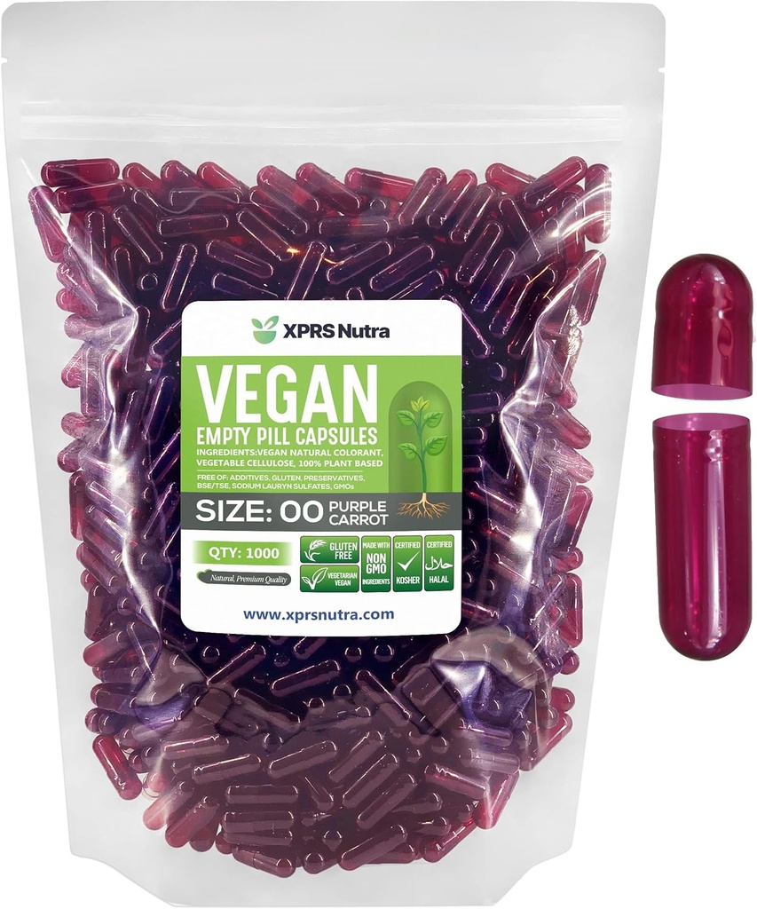 XPRS Nutra Size 00 Empty Capsules - 1000 Count Empty Vegan Capsules - Vegetarian Empty Pills - DIY Vegetable Capsule Filling- Veggie Pill Caps (Purple Carrot)