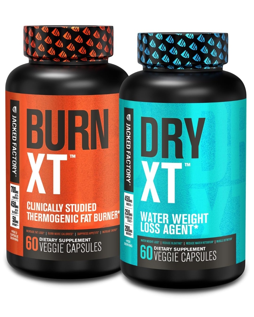 Jacked Factory Burn-XT Thermogenic Fat Burner - Weight Loss Supplement & Appetite Suppressant - 60 Capsules & Dry-XT Water Weight Loss Diuretic Pills - 60 Count (Pack of 2)
