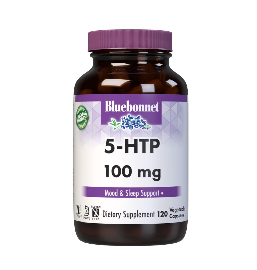 Bluebonnet Nutrition 5-HTP (Υδροξυτρυποφάνη) 100mg, για υποστήριξη νευροδιαβιβαστή*, υποστηρίζει θετική διάθεση *, χωρίς σόγια, χωρίς γλουτένη, μη GMO, Kosher Certified, Vegan, λευκό,120 κάψουλα λαχανικών