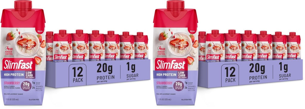 SlimFast Protein Shake,Strawberry- 20g Protein,Meal Replacement Shake Ready to Drink,High-Protein with Low Carb and Low Sugar,24 Vitamins and Minerals,(Packaging May Vary),(Pack of 24)