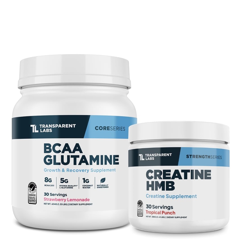 Transparent Labs BCAA Glutamine Powder (30 Servings, Strawberry Lemonade) & Creatine HMB (30 Servings, Tropical Punch)