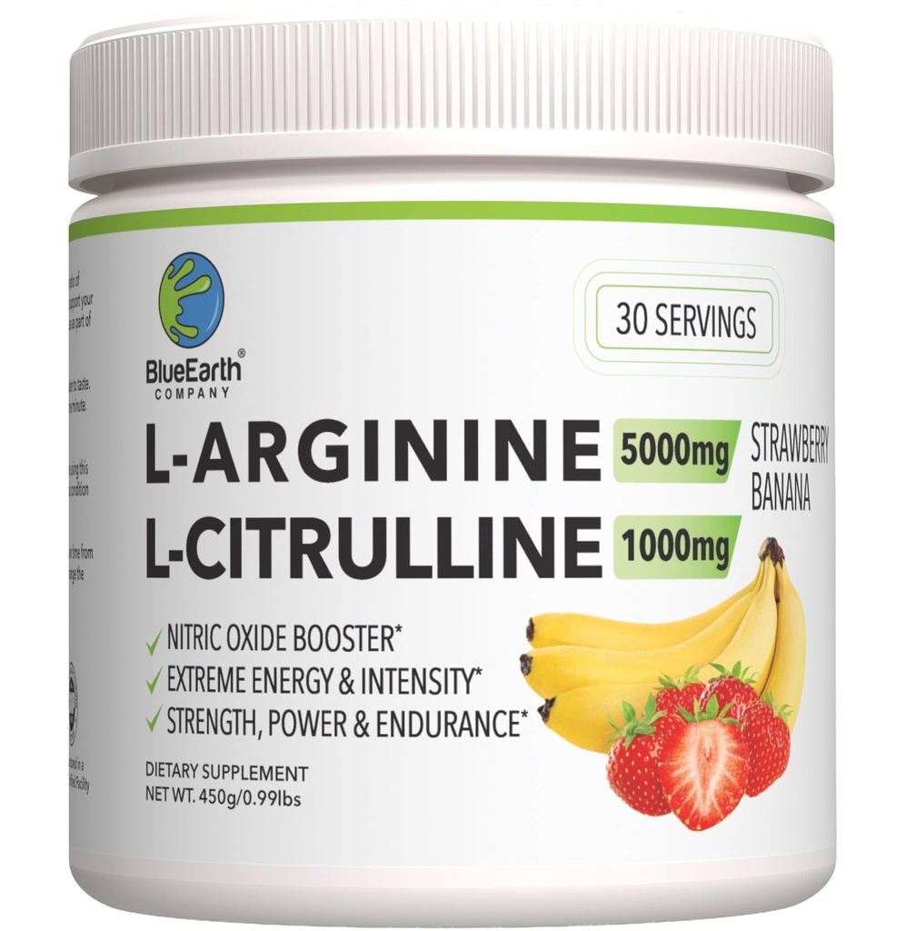 L-Arginine 5000mg + L-Citrulline Complex Powder Supplement Drink Mix - Nitric Oxide Booster for Heart Health, Blood Flow & Energy - 30 Servings (Strawberry Banana)