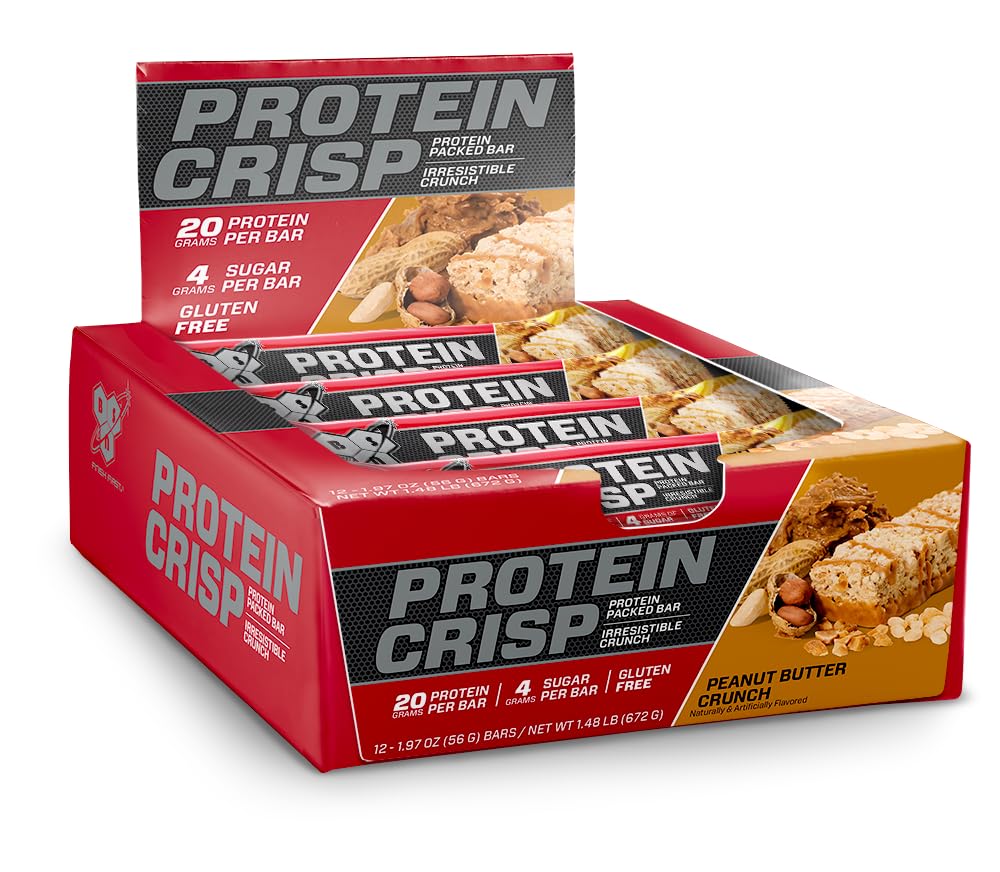 BSN Protein Crisp Bar, Peanut Butter Crunch, 20 Gram Protein Snack Bars with Whey and Fiber, Gluten-Free Crunchy Energy Bars for Workout, Fitness, On-the-Go, 12 Count