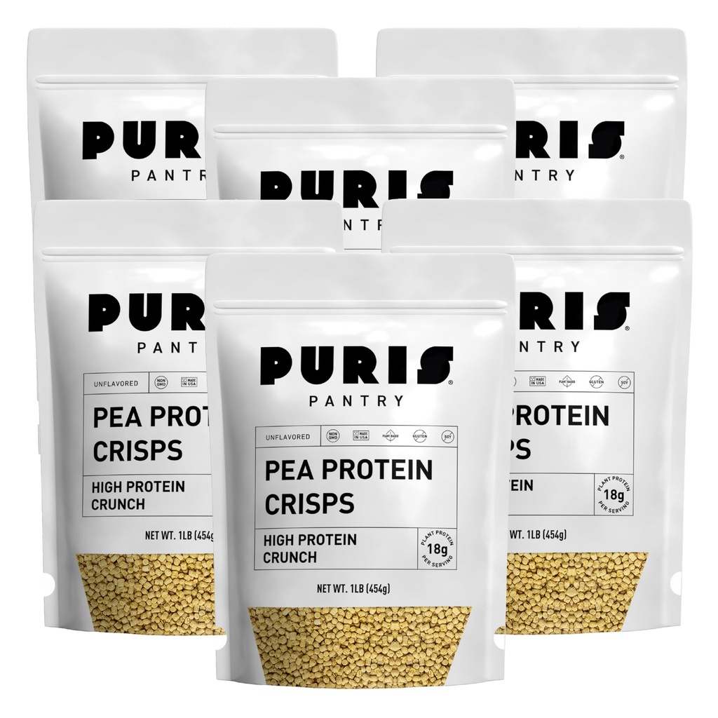 PURIS Pea Protein Crisps – Plant-Based Crunch | 18g Per Serving | Non-GMO Gluten-Free Soy-Free | No Sugar | Clean Label Inclusion for Snacks, Bars & Baking | Made in USA | Unflavored | 1 lb (6 Pack)