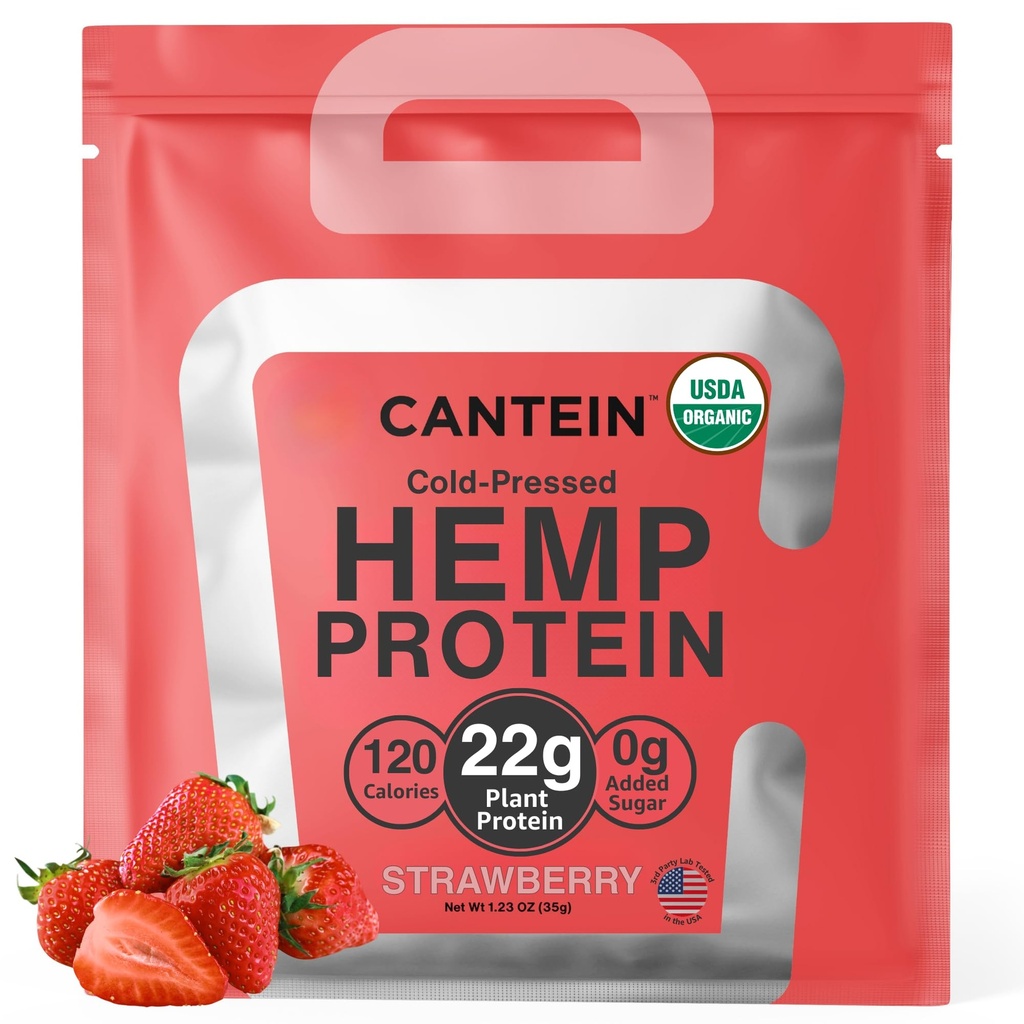 Organic Plant-Based Protein Powder - 100% Hemp Protein Vegan Shake Mix - Lactose, Dairy & Gluten Free, Clean Natural Strawberry (1 Serving)