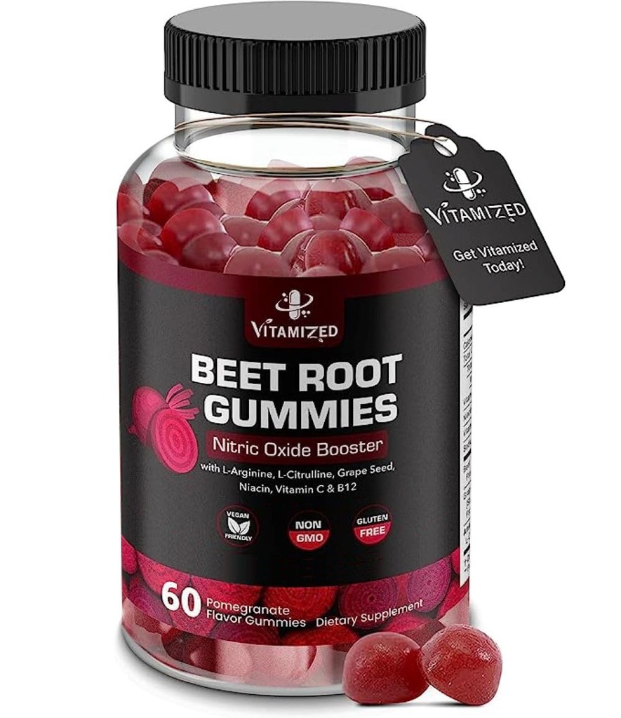 Beet Root Gummies - Super Nitric Oxide Beets Supplement - Red Beetroot Heart Chews with Grape Seed Power & B12- Pomegranate Flavor, 60 Chewables Beets