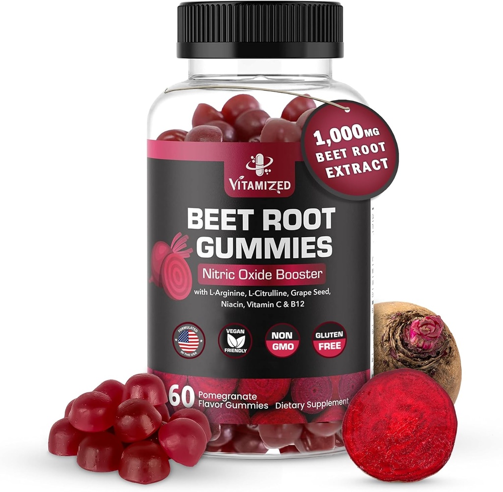 Beet Root Gummies - Super Nitric Oxide Beets Supplement - Red Beetroot Heart Chews with Grape Seed Power & B12- Pomegranate Flavor, 60 Chewables Beets