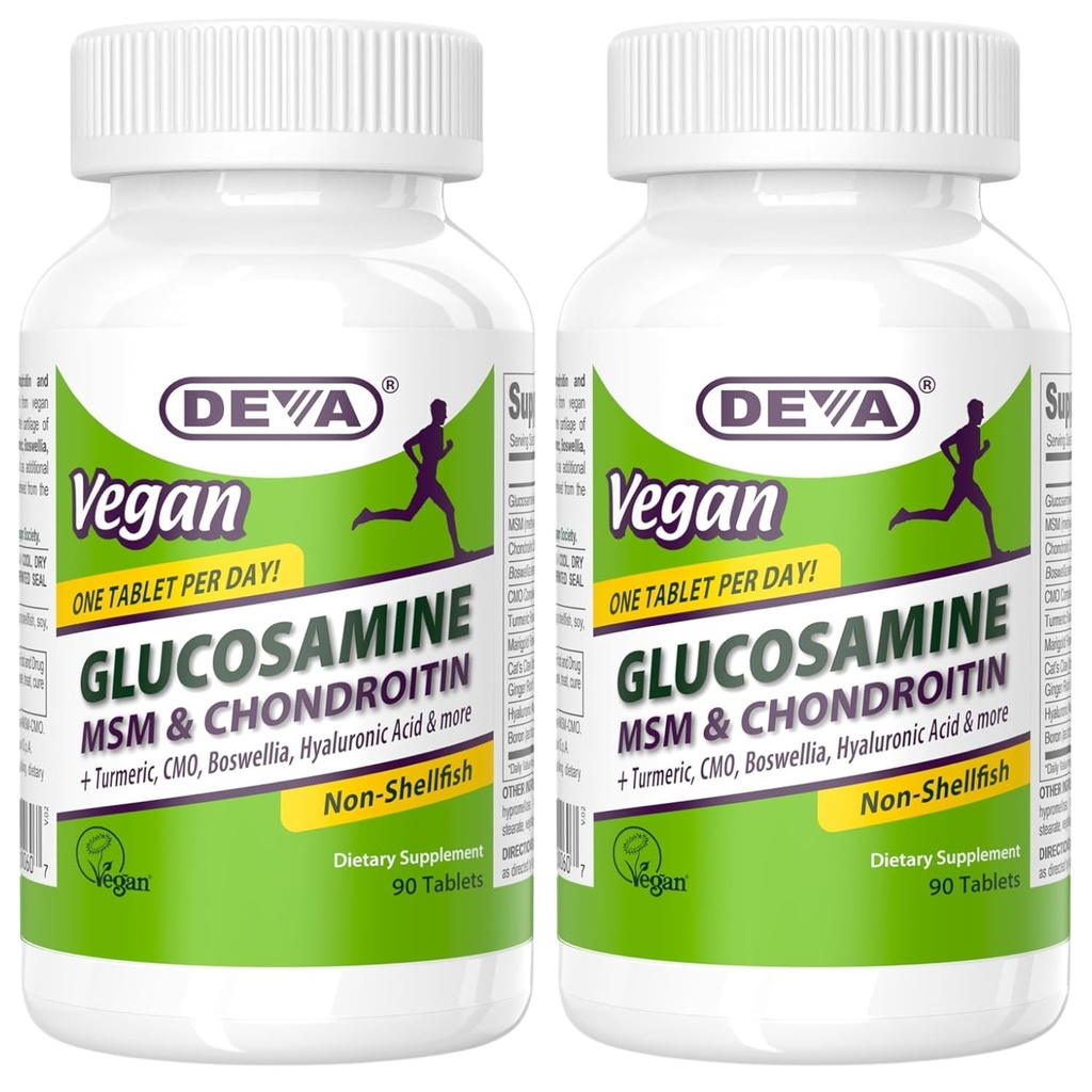 DEVA Vegan Glucosamine MSM & Chondroitin + Turmeric, CMO, Boswellia, Hyaluronic Acid & More, Improved Non-Animal Formula, 90 Tablets (Pack of 2)