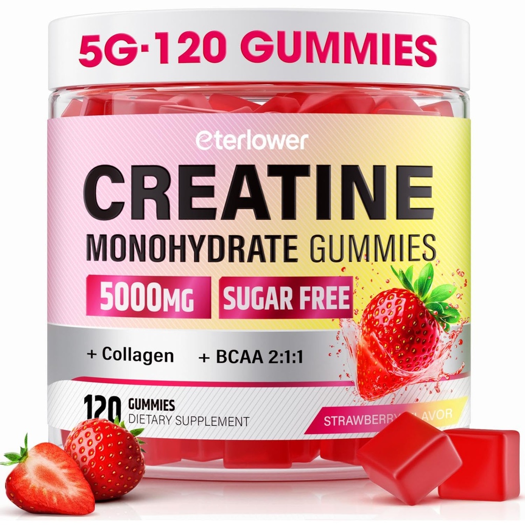 Creatine Gummies, Creatine Monohydrate Gummies for Men & Women with Collagen, BCAA, Pre & Post-Workout for Muscle Growth, Energy Support, Zero Sugar, Non-GMO, Strawberry Flavor