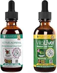 Rejuvica Health Active Adrenal + VitaLiver - Υποστήριξη Στρες + Ήπαρ - Υγρή Παράδοση για Καλύτερη Απορρόφηση - Rhodiola, Γάλα Θήκη, Άγιος Βασίλειος, Artichoke,