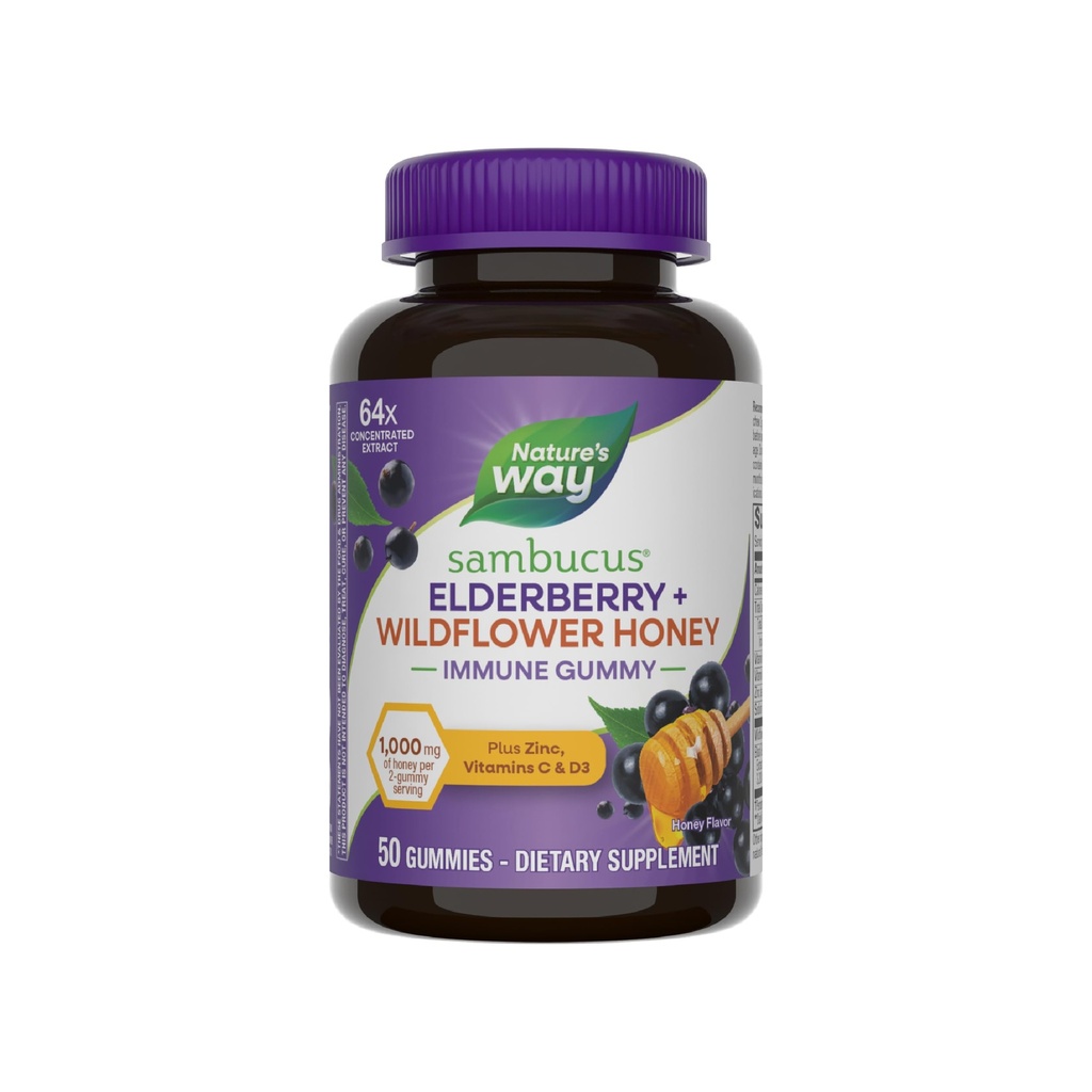 Nature's Way Sambucus Elderberry + Wildflower Honey Immune Gummy, Daily Immune Support for Adults and Kids Ages 4+*, Vitamins C & D3, Zinc, Vegetarian, 50 Gummies