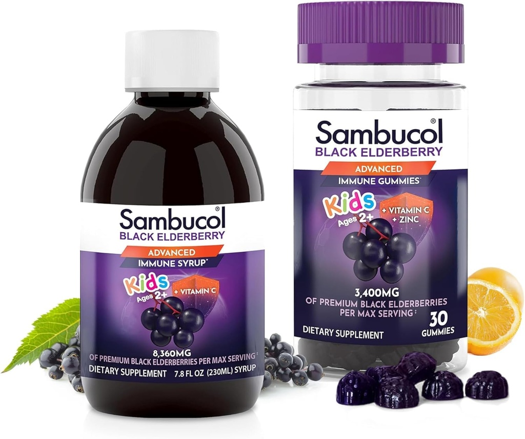 Sambucol Black Elderberry Syrup and Gummies for Kids - Elderberry Supplement with Vitamin C and Zinc, Syrup & Chewable Gummies for Children - 7.8 Fl Oz, 30 Count Bundle
