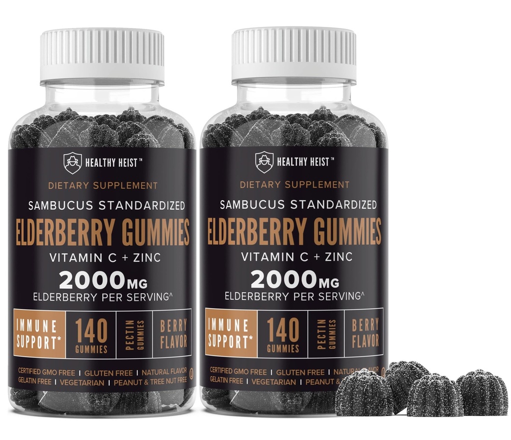Sambucus Black Elderberry Gummies for Adults and Kids with Zinc and Vitamin C, 280 Gummy Bulk Size, Chewable Immune Support, Non GMO, Kosher, Pectin, Vegan, Delicious Berry Flavor by Healthy Heist