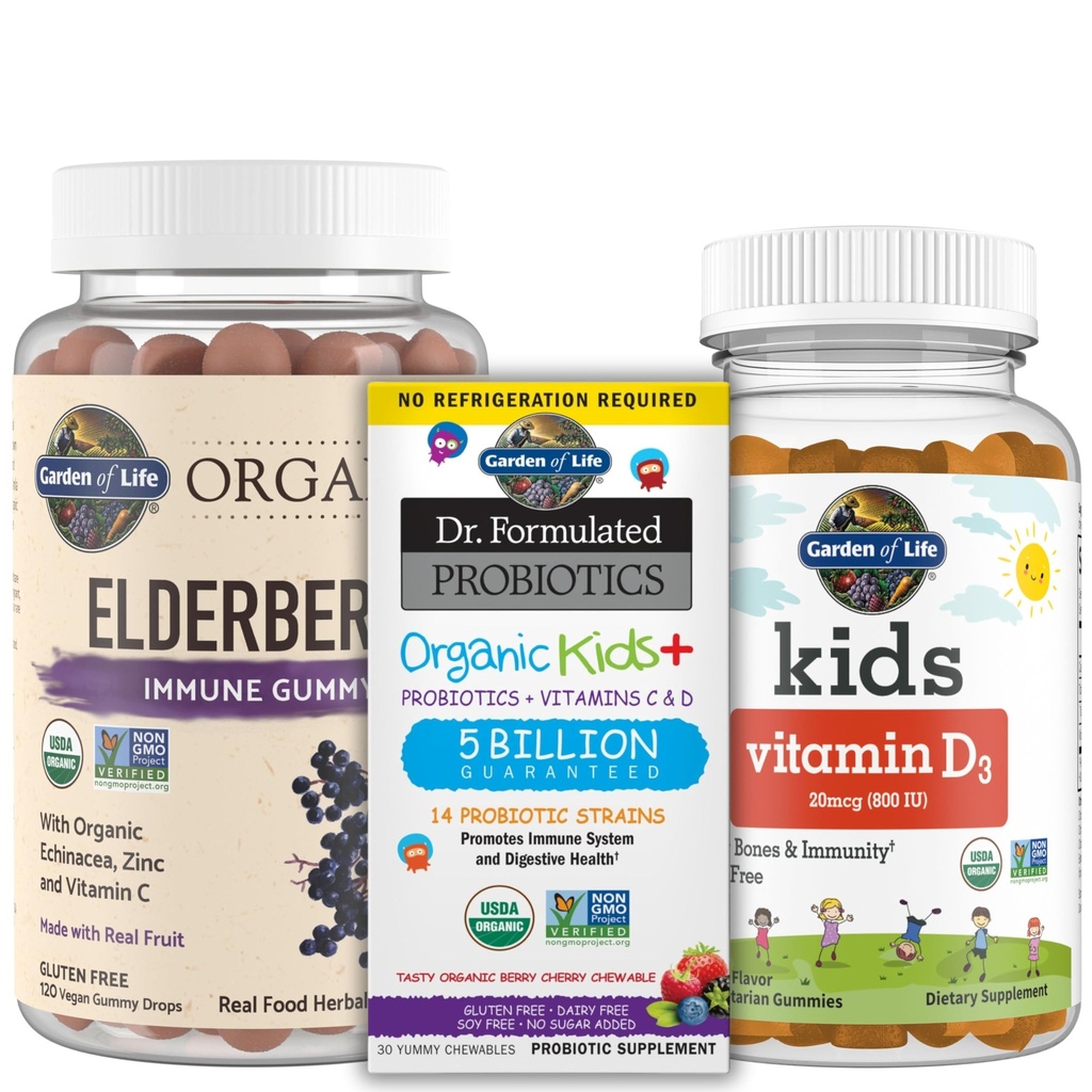Garden of Life Immune Support Bundle: Organics Elderberry Echinacea, Zinc Gummies 120 Count + Dr Formulated Kids Probiotics Berry Cherry Shelf Stable 30ct + Kids Vitamin D3 Orange Gummies 60ct