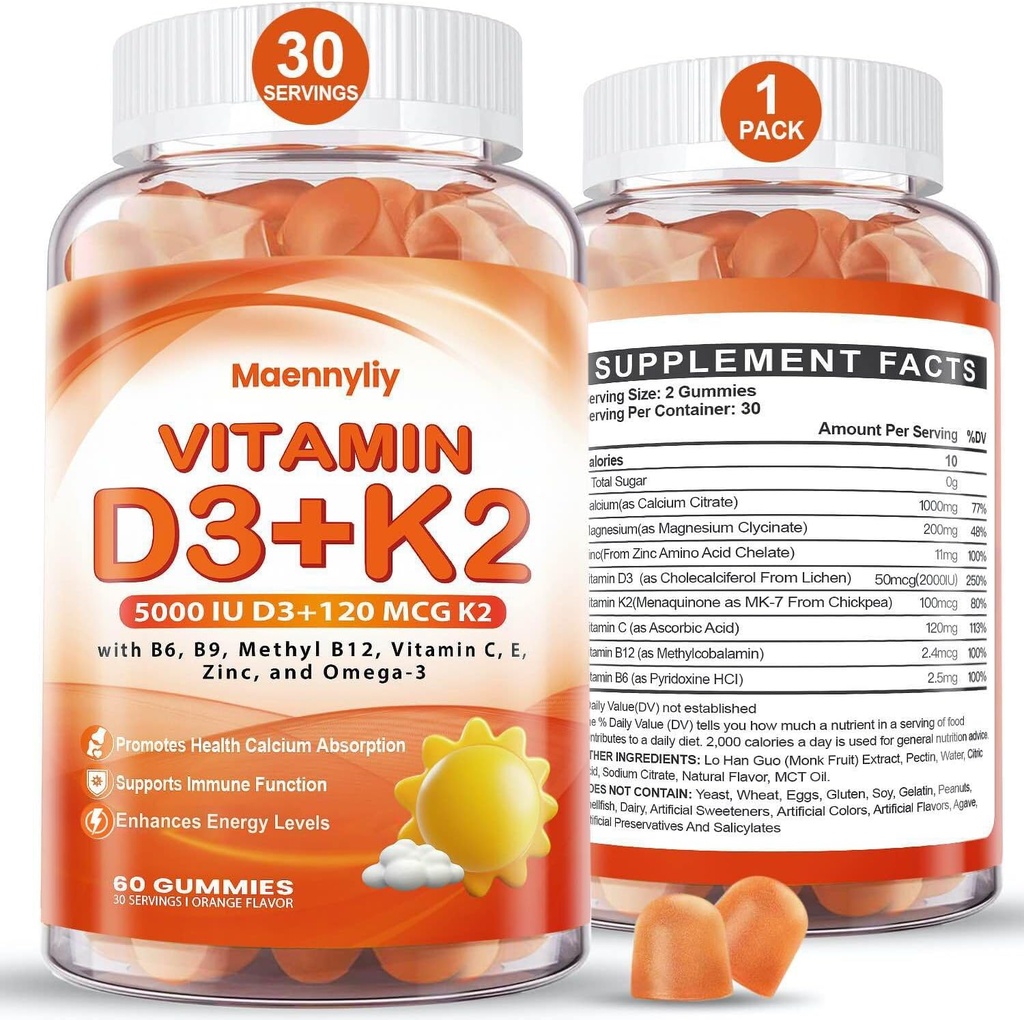 Βιταμίνη D3 K2 Gummies για Ενήλικες - Βιταμίνη D3 5000IU + K2 (MK-7) 120mcg - Χωρίς ζάχαρη D3 και K2 συμπληρώματα με Omega-3, Methyl B12, B9, B6, Βιταμίνες Ε & Ψευδάργυρο - για Ασβέστιο Απορρόφηση & Ανοσοποιητική Υγεία
