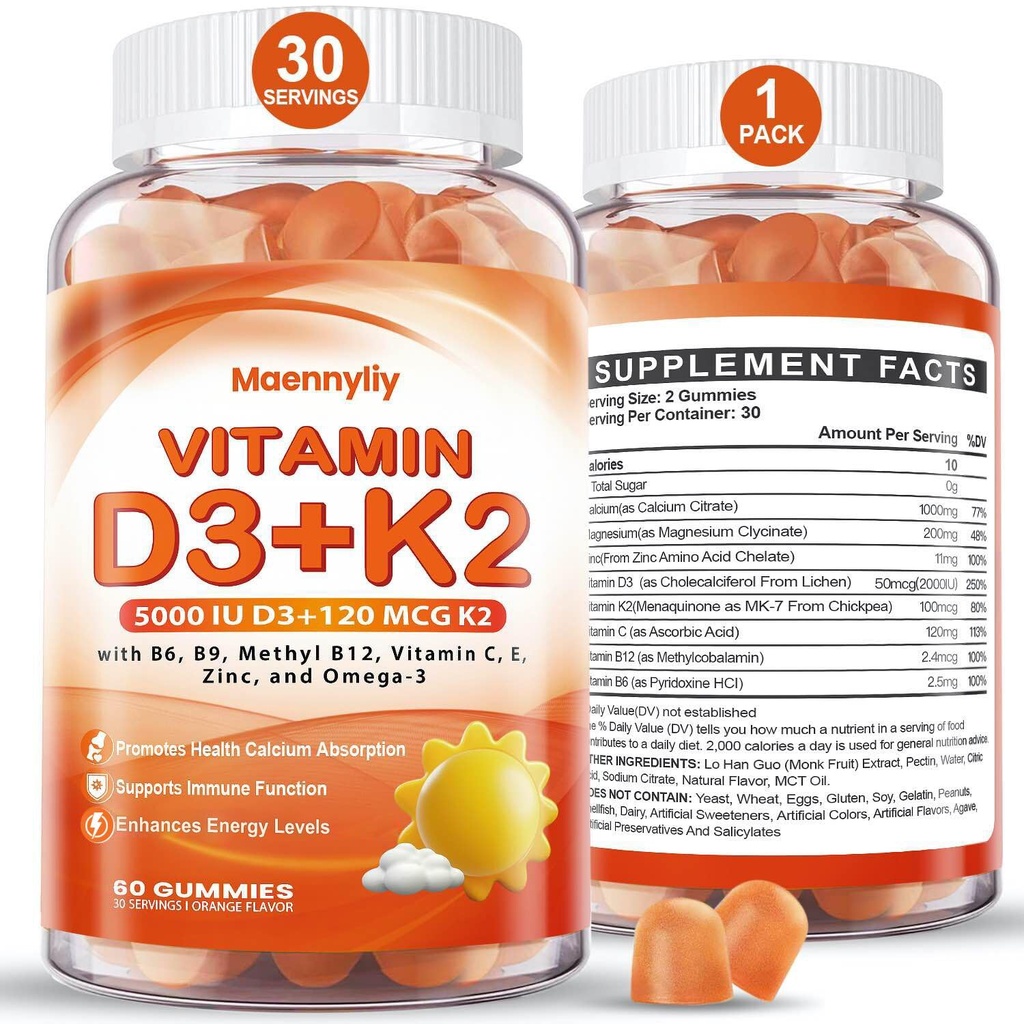 Vitamin D3 K2 Gummies for Adults - Vitamin D3 5000IU + K2 (MK-7) 120mcg - Sugar-Free D3 and K2 Supplements with Omega-3, Methyl B12, B9, B6, Vitamins E & Zinc - for Calcium Absorption & Immune Health