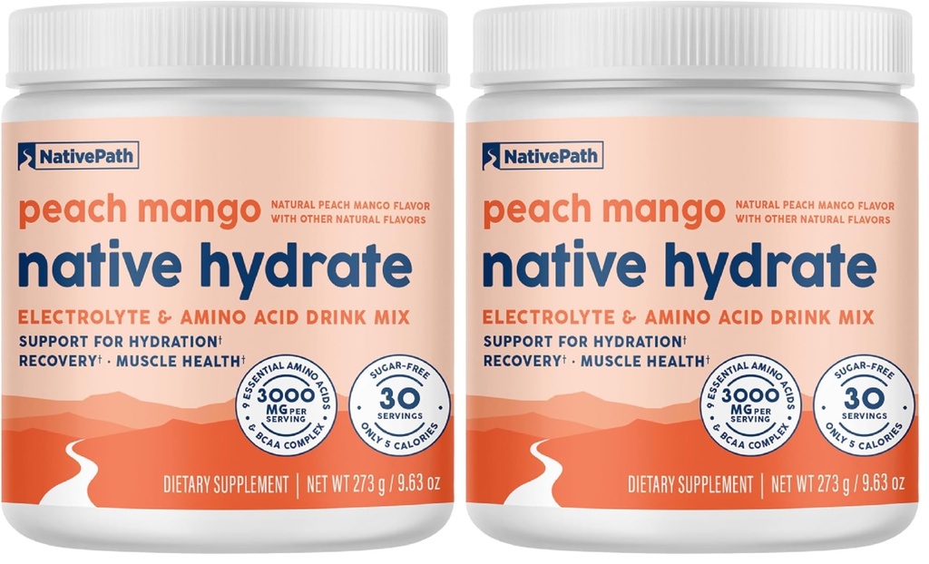 NativePath Native Hydrate, Zero Sugar, Electrolytes Powder with BCAAs, Peach Mango Hydration, Keto & Paleo Friendly, 30 Servings (Pack of 2)