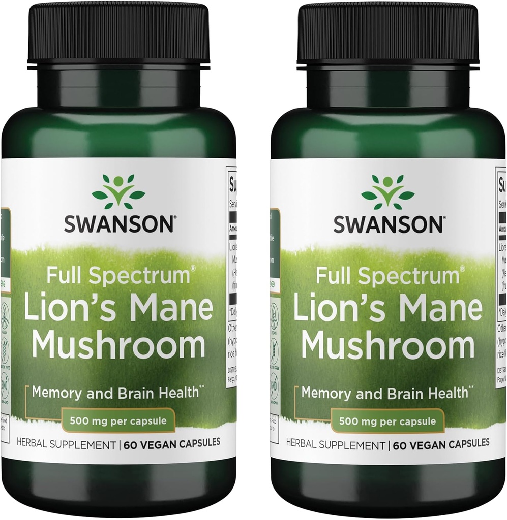 Swanson Full Spectrum Lion's Mane Mushroom - Συμπλήρωμα Υγείας εγκεφάλου για την υποστήριξη της μνήμης, εστίασης και σαφήνειας* - Μπορεί επίσης να βοηθήσει ανοσοποιητική, καρδιά & Digestive Υγεία - Χωρίς γλουτένη & μη GMO - 60 κάψουλες (2 πακέτο)