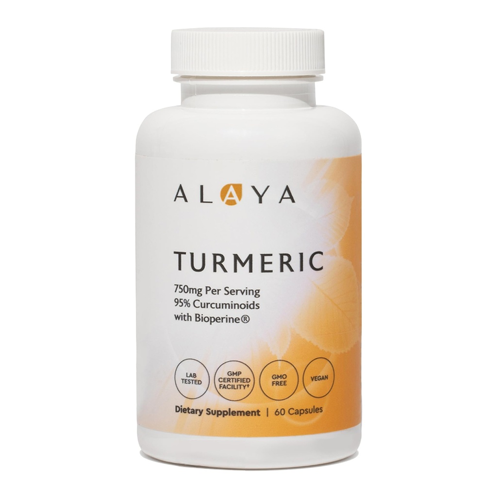 Alaya Naturals Turmeric Curcumin συμπλήρωμα με BioPerine – 750mg ανά υπηρεσία, 95% Curcumin Extract Turmeric Κάψουλες για κοινή άνεση, κινητικότητα και απορρόφηση – μη-GMO, Vegan, εργαστήριο δοκιμαστεί