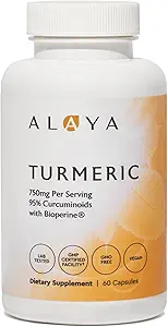 Alaya Naturals Turmeric Curcumin Supplement with BioPerine – 750mg Per Serving, 95% Curcumin Extract Turmeric Capsules for Joint Comfort, Mobility & Absorption – Non-GMO, Vegan, Lab Tested