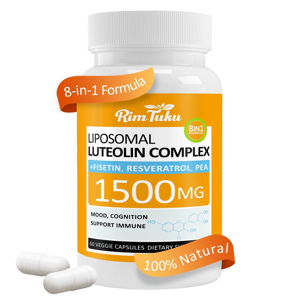1500MG Liposomal Luteolin Supplement 8-in-1 Formula with Fisetin, Pea, Turmeric, Potent Flavonoid Absorption-Optimized Actives for Brain 60 Capsules