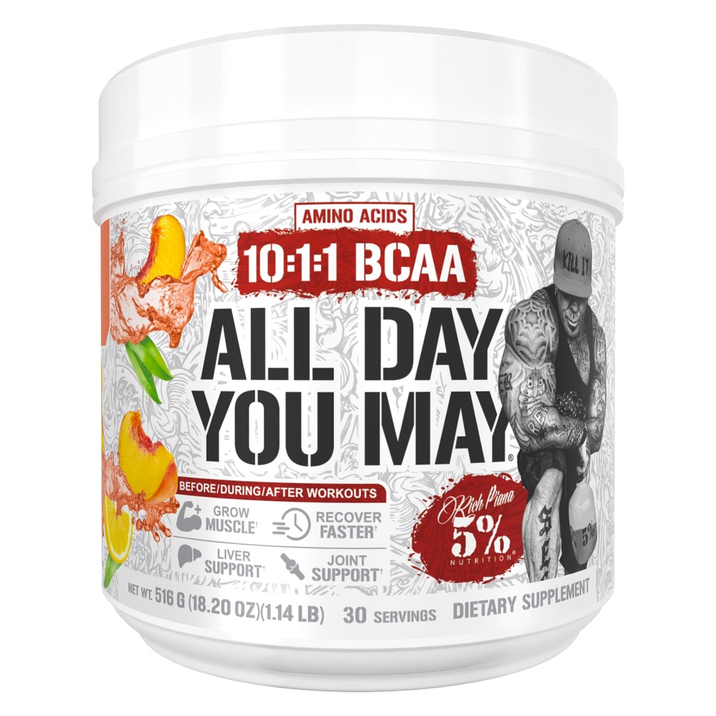 5% Nutrition Rich Piana AllDayYouMay BCAA Powder Premium Intra & Post Workout Amino Acids, Hydration, Endurance, Muscle Recovery, Joint & Liver | 18.2 oz, 30 Srvgs (Peach Tea)