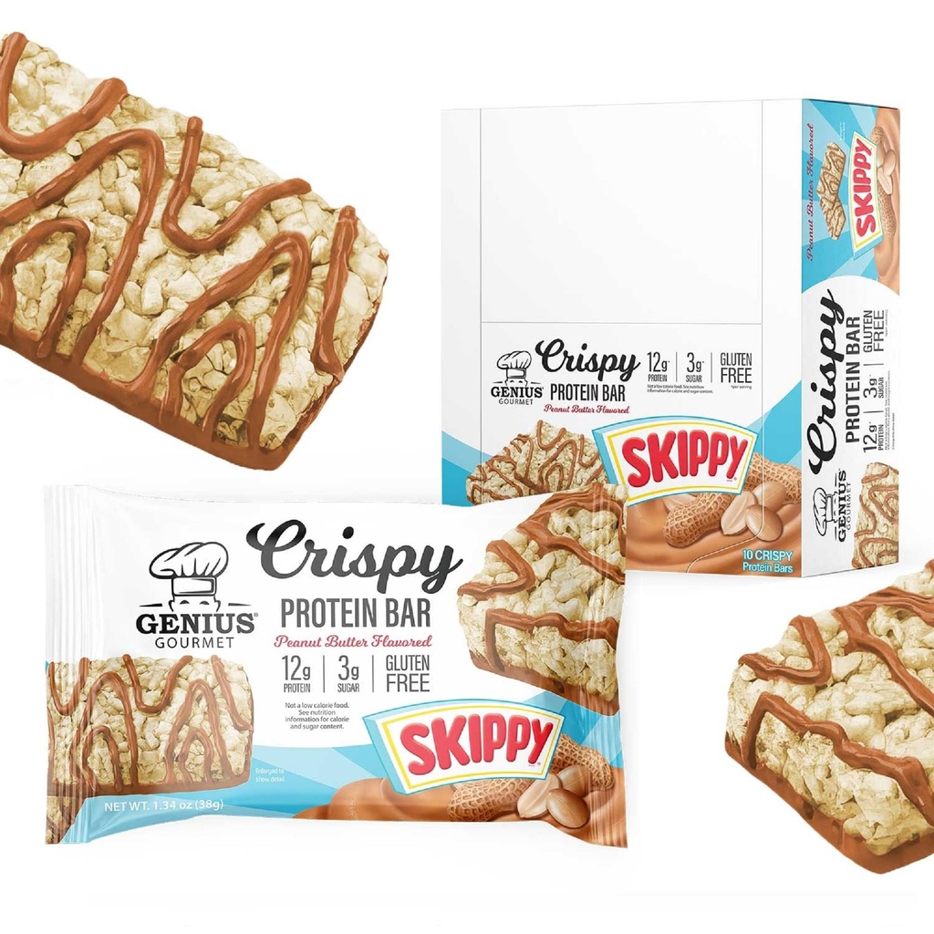 Genius Gourmet SKIPPY® Peanut Butter Flavored Crispy Protein Bars,12g Protein per serving (24% DV), 3g Sugar, Delicious Snack Bar, Gluten Free – 10 Count